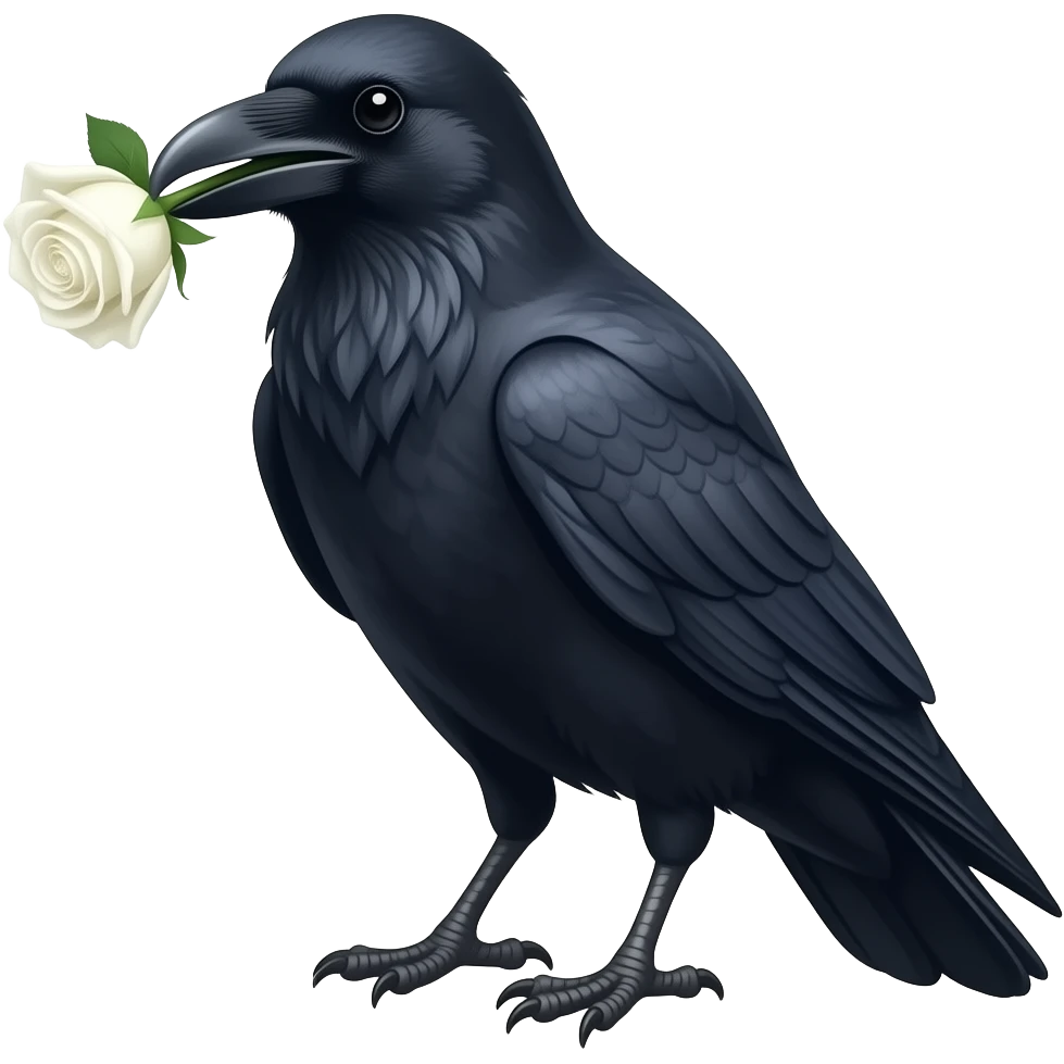 a hooded crow with a white rose in its beak emoji