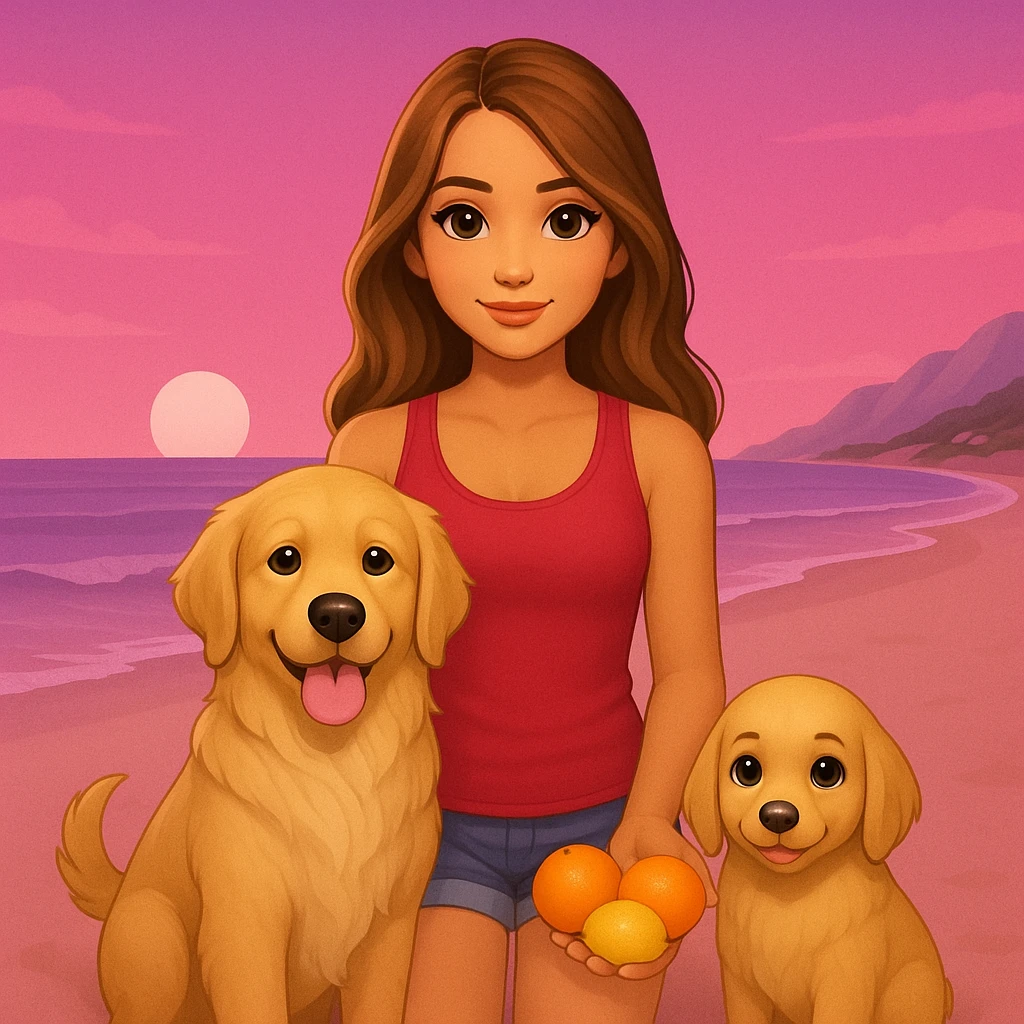 Edit the image to have only one golden retriever, cream colored. Remove any extra golden retrievers. Remove orange tones from the background, keeping only pinks in the beach sunset. Keep the girl as described: tanned white skin, long wavy blonde hair with brunette highlights, brown eyebrows, middle part, red tank top. emoji