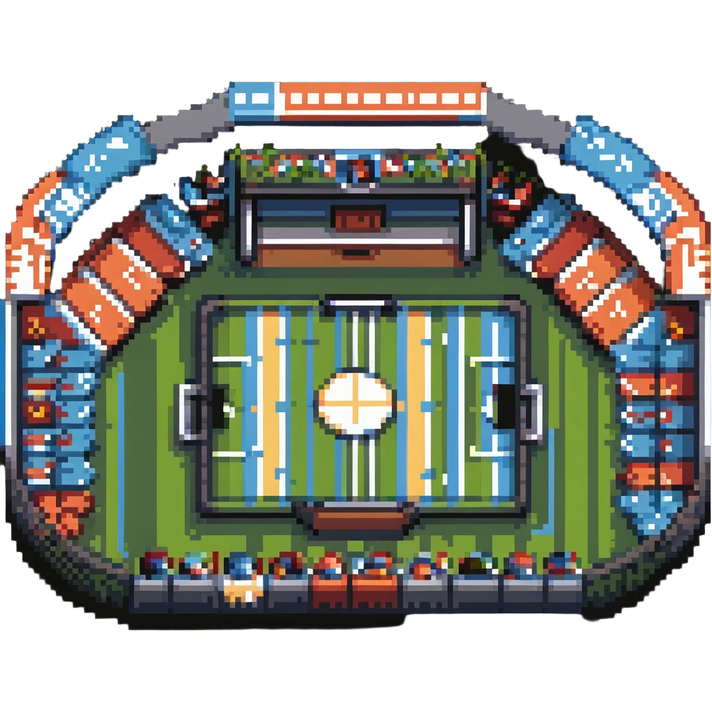 Pixel art stadium filled with cheering crowd, sports boom emoji