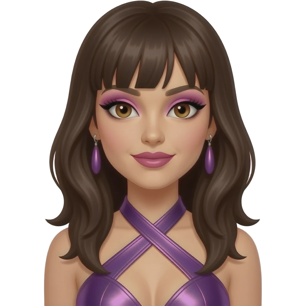 Jessica Sutta from The Pussycat Dolls with hazel eyes, long dark brunette bang hair, pink eyeshadow and lipstick, purple metallic halter dress, earrings emoji