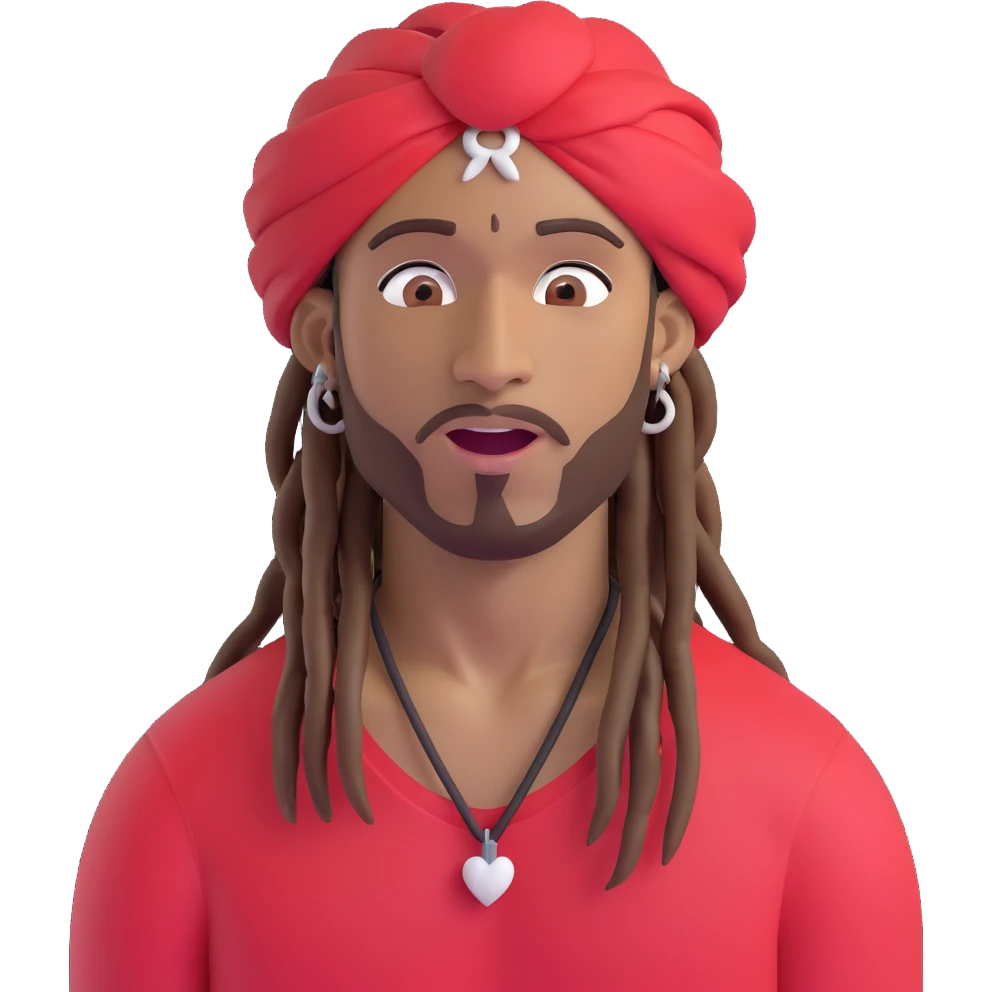Brownskin man with long brown dreadlocks 
red t-shirt 
white turban 
expression is in love 
his eyes mouth open  emoji
