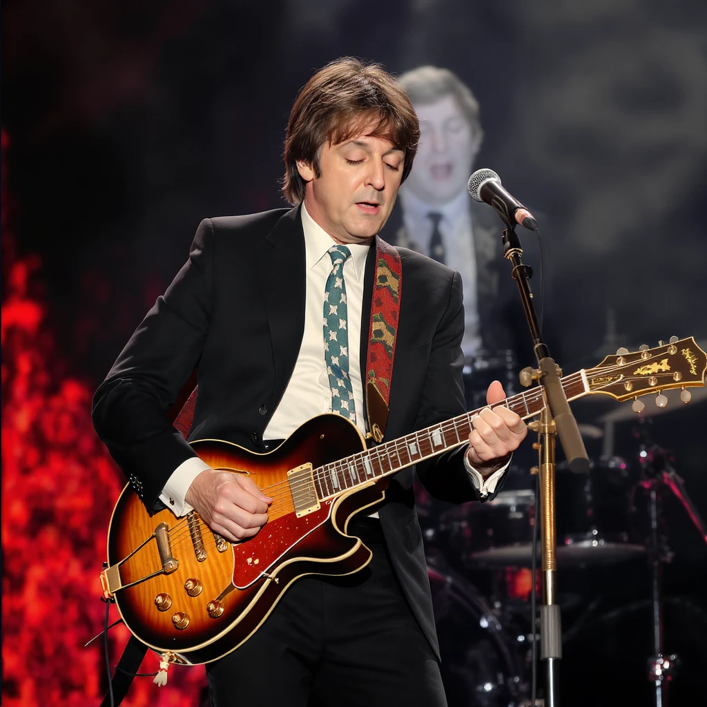 Paul McCartney playing guitar suit emoji