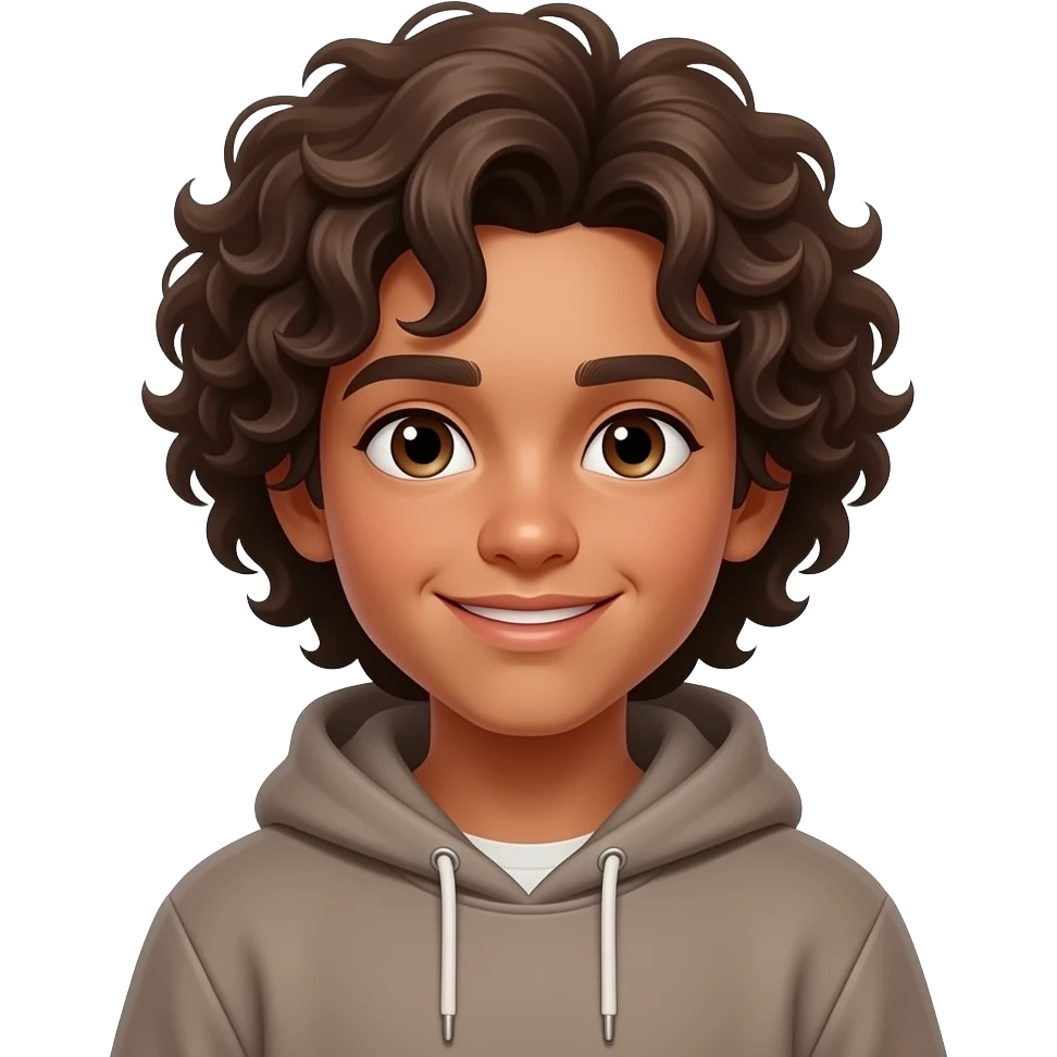 young cute teen boy with brown skin and long ringlet hair wearing a hoodie emoji