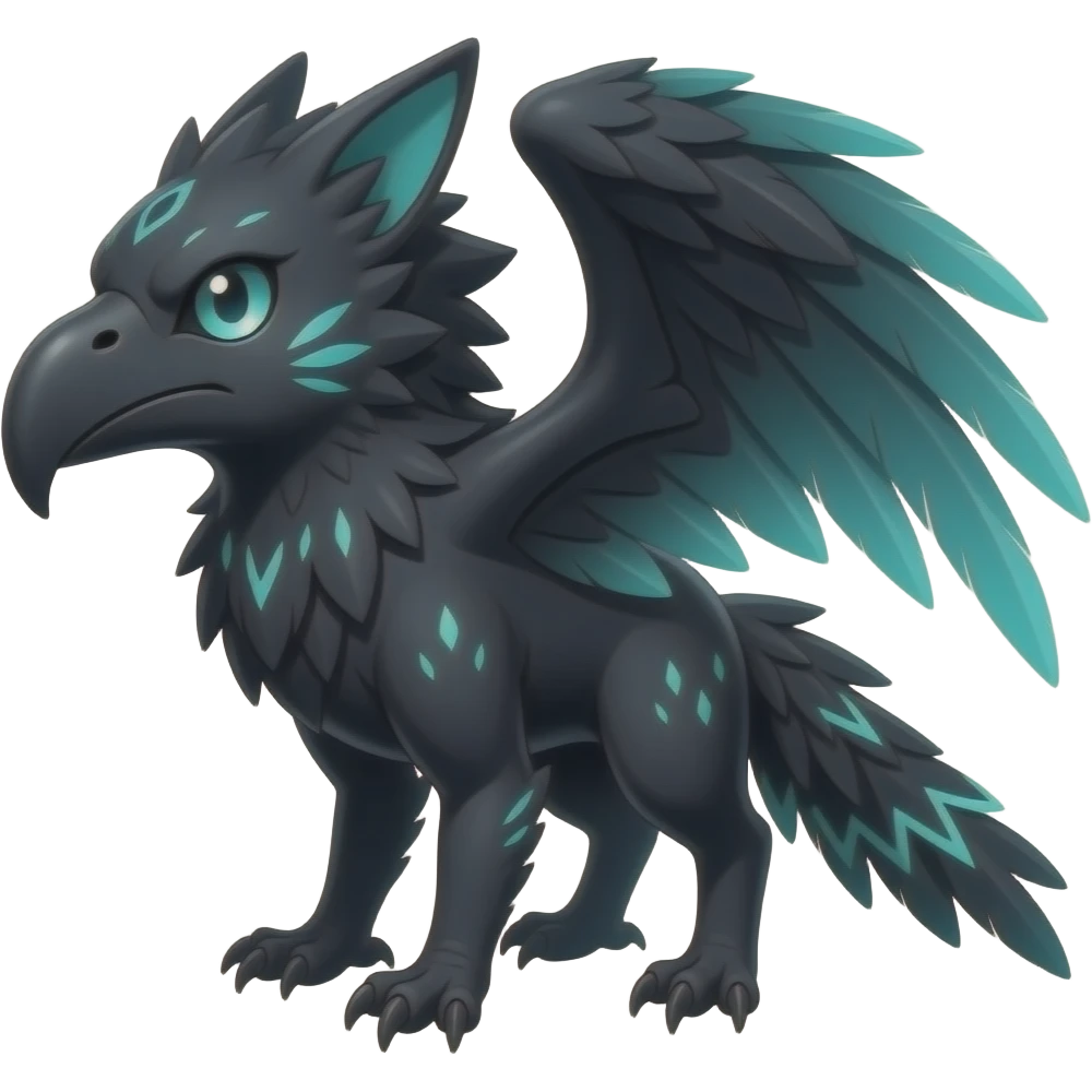 Black Dark Exotic Beaked Feathery Nocturnal Neon-glowing Abyssal Nightly Abyss-Cat-Gryphon-Salandit-Nargacuga-Silvally-Fakémon Creature (full body) emoji