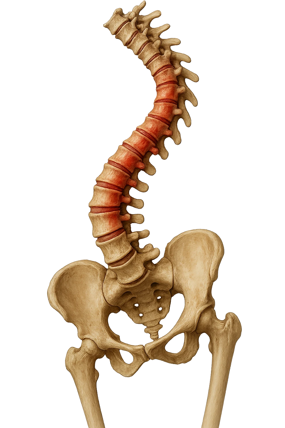 SPINA DORSALE STORTA E INFIAMMATA CON BACINO UMANO ANATOMICO REALISTICO INCLINATO, iperrealistica 4k emoji