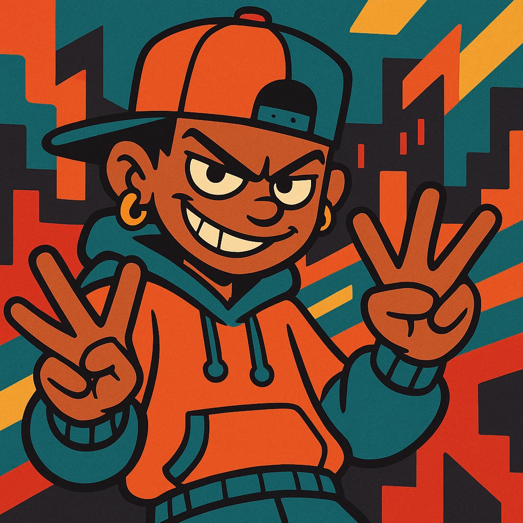 mischievous character with a smirk, both hands showing the YVL hand sign, hip-hop style, energetic vibe, urban color palette emoji
