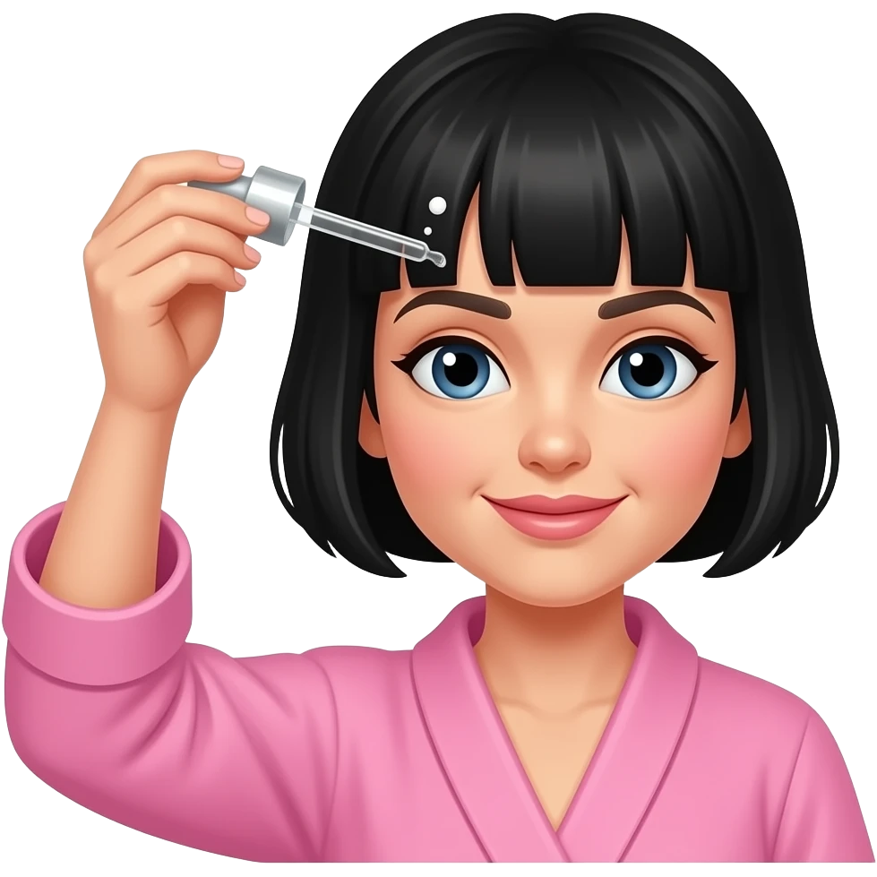 White girl taking care of her black short hair by giving herself a hair tonic massage with a dropper, wearing a pink robe, iPhone emoji style emoji