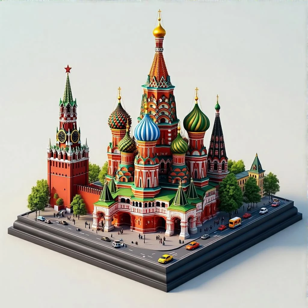 Изометричная миниатюрная фотореалистичная 3D модель Москвы на подставке - Кремль, собор Василия Блаженного, Башни Москва-Сити, четкая детализация, яркие цвета, мультяшный реализм, люди, автотранспорт и метро, компактная композиция, вид сверху в изометрии, прозрачный фон emoji
