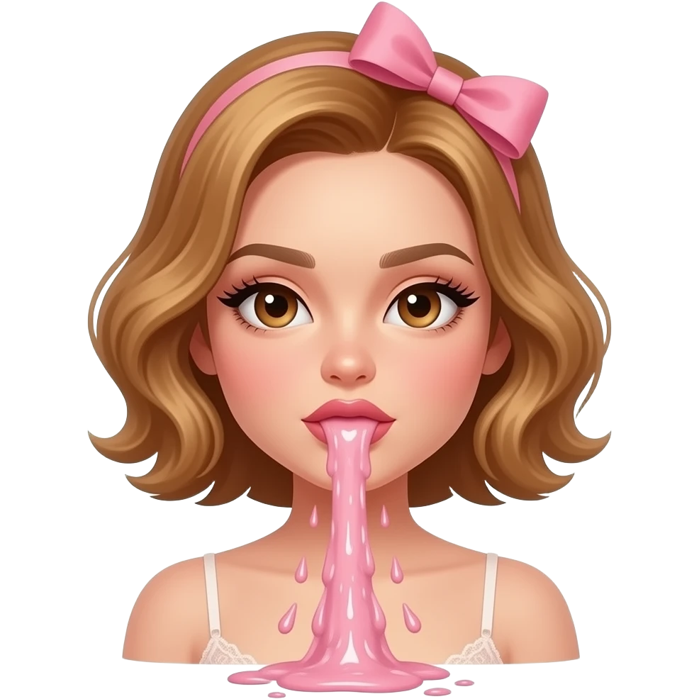 glamours,-tanned,-very-beautiful-woman-with-big-plump-rose-beige-lips,-long-lashes,-honey-silky-very short- hair,-wavy-hair,-with pink bow in hair -hazel-eyes-wearing-nude-lace-lingerie-nude-stilettos,-vommiting -thighs-up emoji