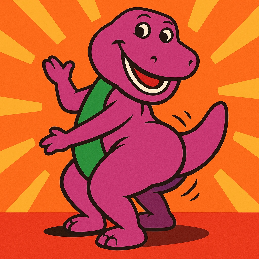 Barney the Dinosaur twerking, playful, vibrant colors, cartoon style emoji