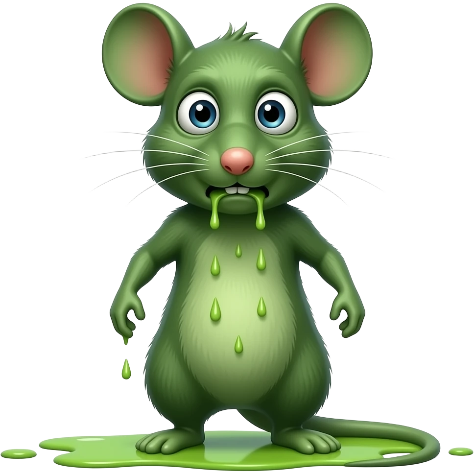 A little green mouse standing upright, with arms and legs that look like those of a little person, staring at us with revolting and nauseating face on its face. He is vomiting. The mouse’s body is entirely green. emoji