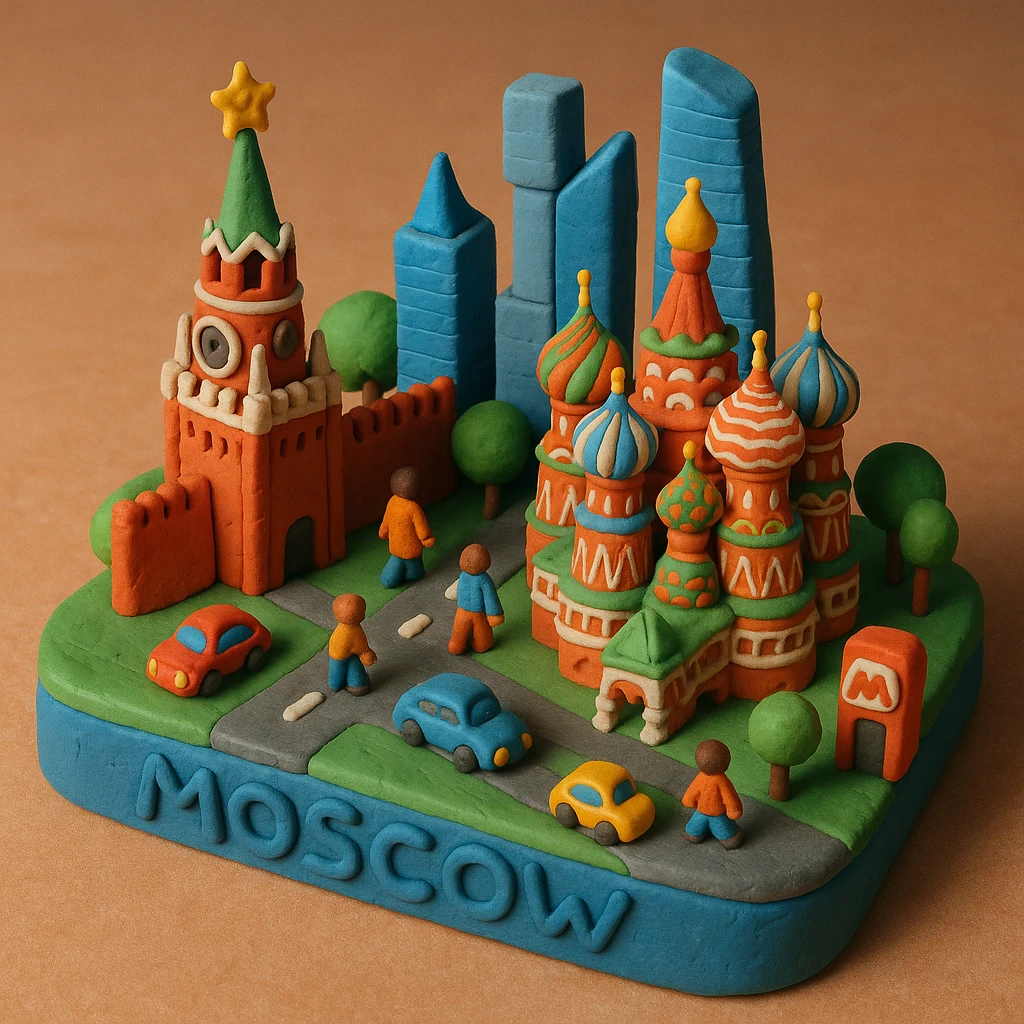 Изометричная миниатюрная 3D модель Москвы на подставке - фотореалистичный Кремль, собор Василия Блаженного, фотореалистичный Башни Москва-Сити, аккуратная детализация, яркие цвета, мультяшный реализм, гуляют люди и современный автотранспорт и метро, компактная композиция, вид сверху в изометрии emoji