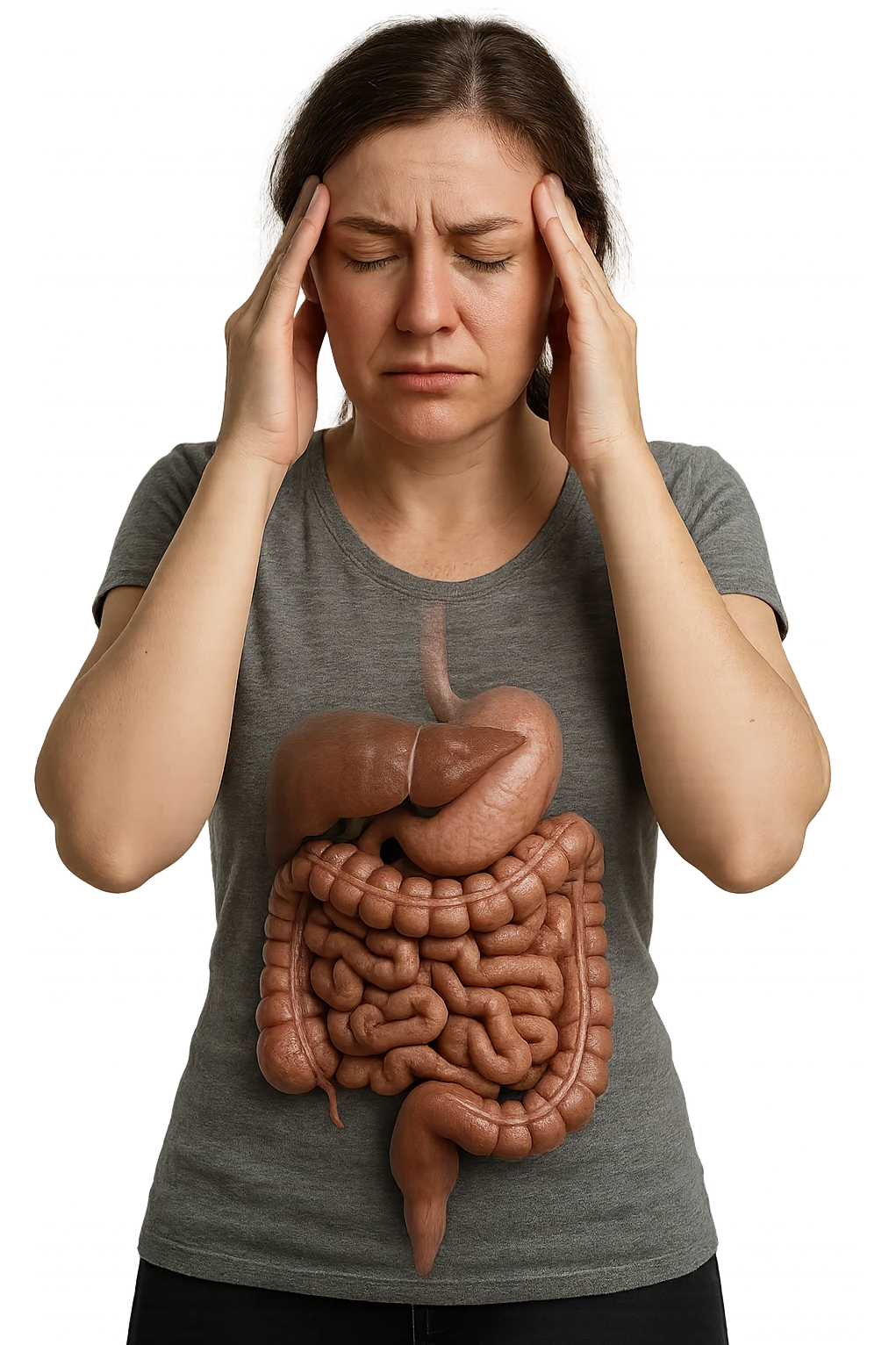 donna con intestino umano realisticoù che si tiene le mani sulle tempie, espressione stanca, iperrealistica 4k emoji