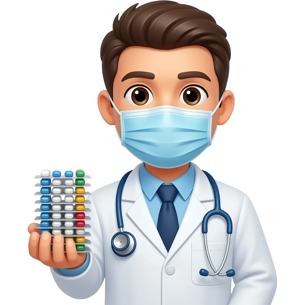 haz una persona con bata y medicamentos que no tenga tapabocas y estetoscopio emoji