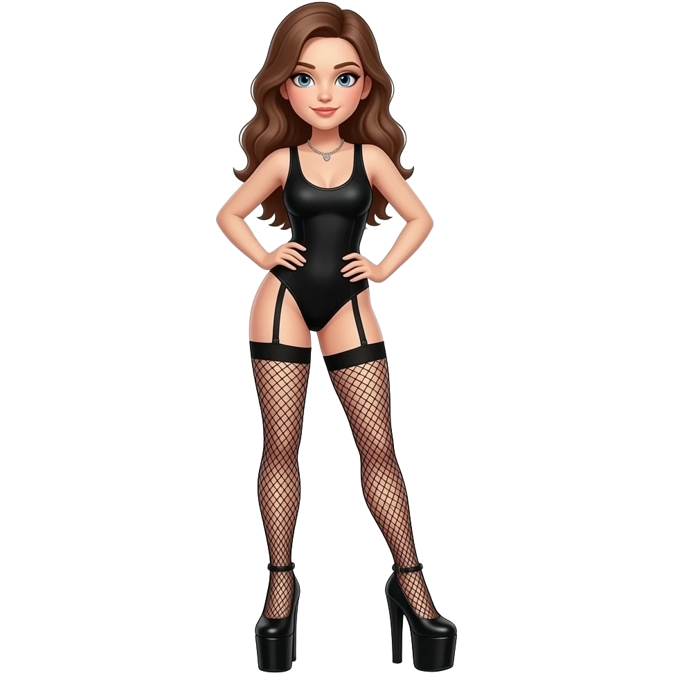 Apple sticker style, girl in black bodysuit and huge platform stripper heels, hand on hip, white background, 1:1 emoji
