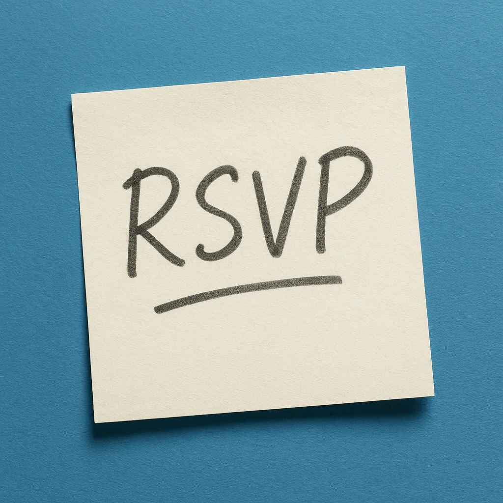 a paper note with RSVP written on it, casual handwriting, blue background emoji