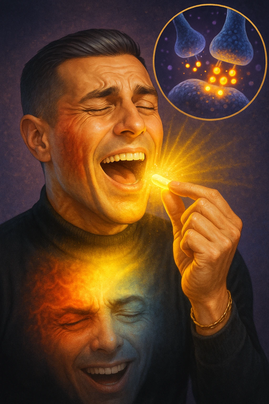 "Man taking simple sugar tablet believing it's powerful medicine, golden healing light emanating from pill as it dissolves, his chronic pain visibly dissolving as relief spreads across his face, expression transforming from suffering to amazement, brain chemistry changing through pure belief, microscopic view showing endorphins releasing purely from expectation, body healing itself through mind's conviction" emoji