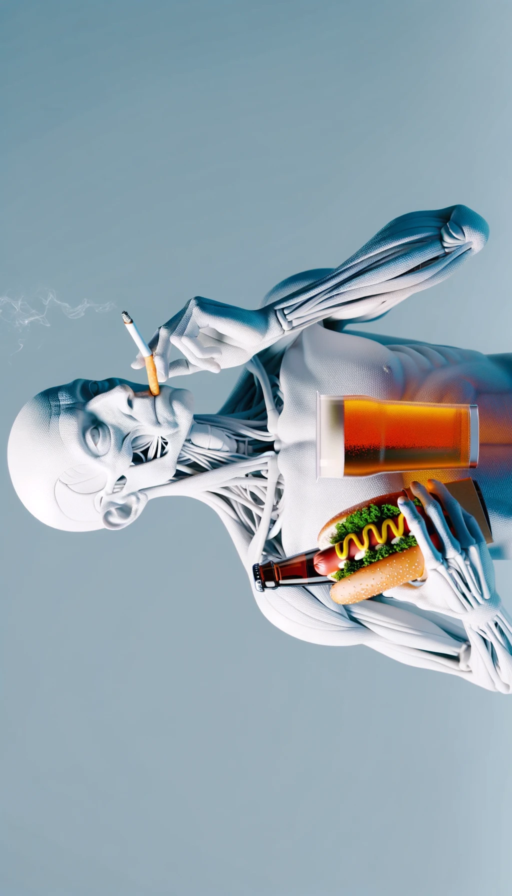 CORPO UMANO ANATOMICO TIENE UNA SIGARETTA IN BOCCA E STA FUMANDO MENTRE TIENE TRA LE BRACCIA UNA BIRRA E WURSTEL CONFEZIONATI, LI GUARDA CON ESPRESSIONE INDECISA IN VOLTO, NEUTRAL CLEAR BACKGROUND, iperrealistico 4k emoji