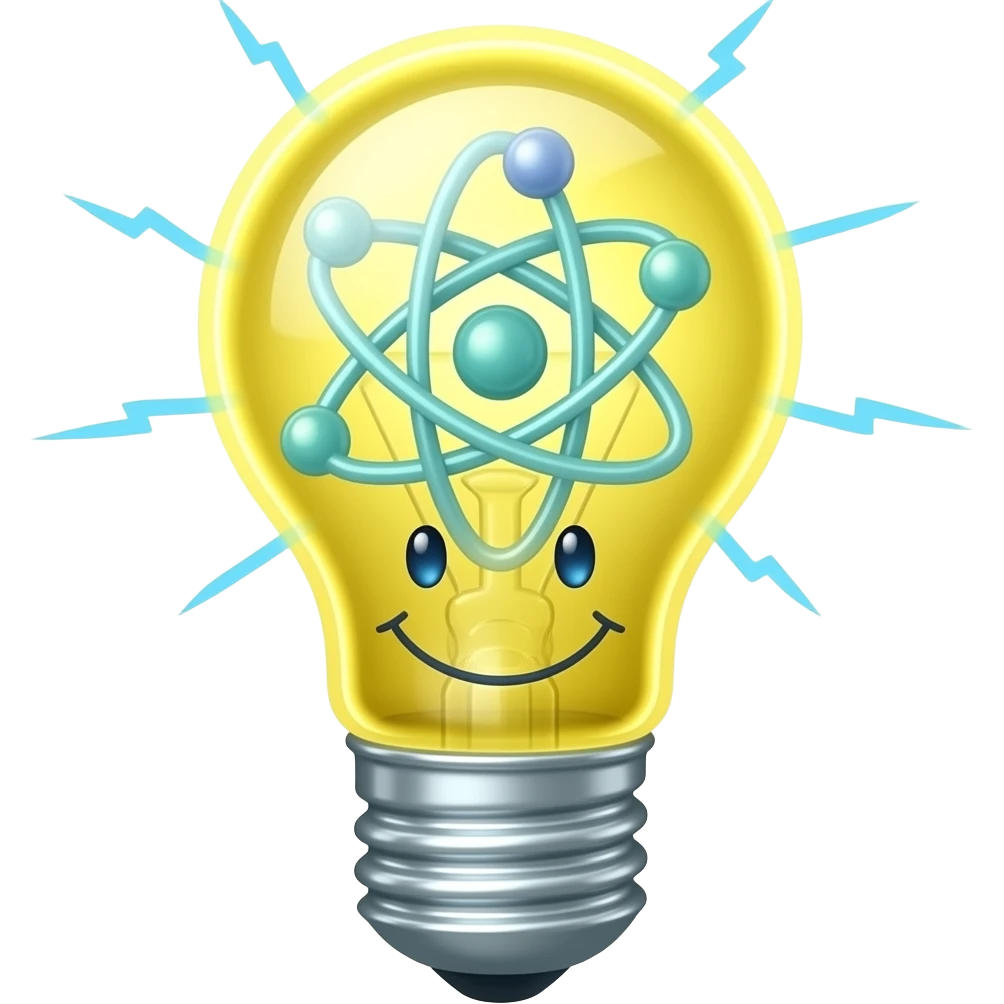 neon yellow lightbulb  with smiling face, rotating atom inside, chemical bubbles, electric blue... emoji