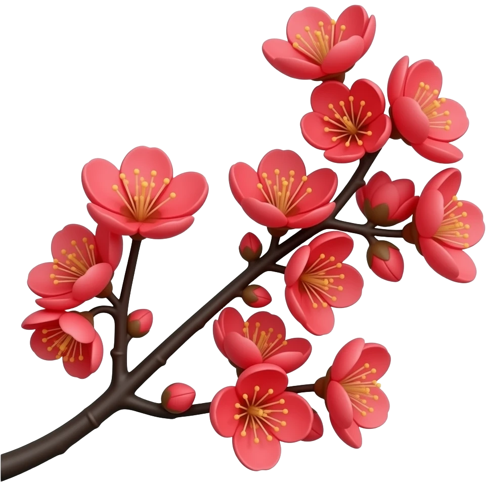 Red color 3D Render iPhone emoji png of red cherry blossom flowers on black branches emoji