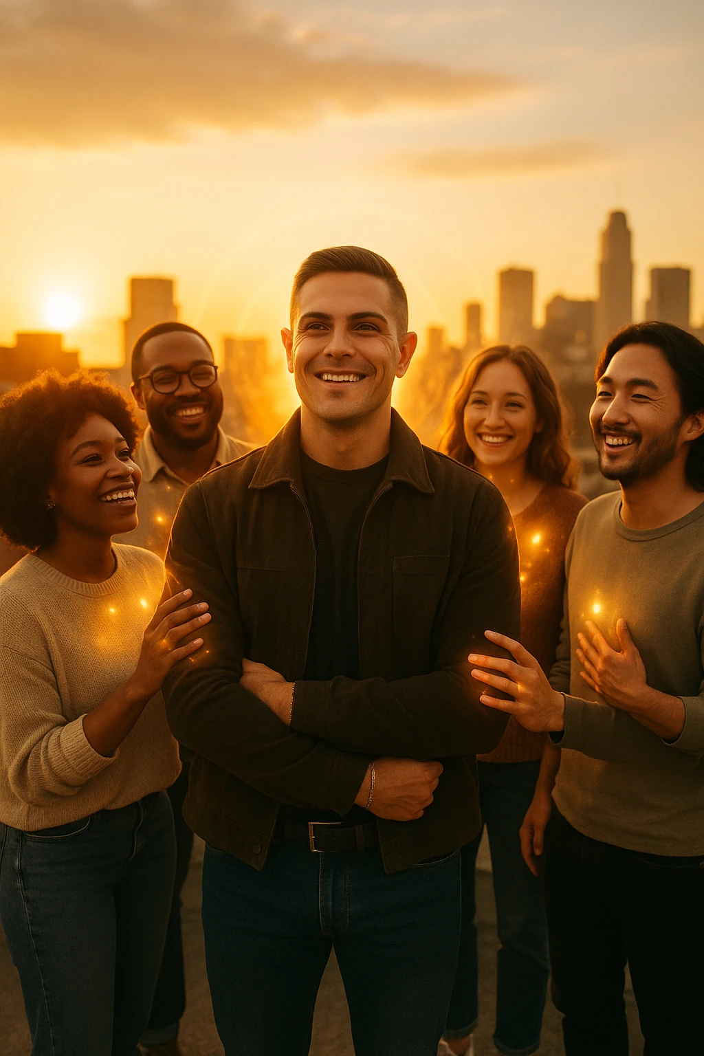 A cinematic scene of a man in his early 30s standing at the center of a sunlit urban rooftop during golden hour, surrounded by a diverse group of supportive, smiling people — friends, mentors, colleagues. They’re standing slightly behind or beside him, hands on his shoulder or gesturing toward him with encouragement. The man looks forward with a confident, inspired expression, body slightly relaxed, as if something inside di lui sta cambiando. The light behind the group forms a halo effect, emphasizing warmth and unity. Subtle visual symbolism: faint glow around their hands and hearts, suggesting their energy is uplifting him. Realistic clothing, modern style — jeans, T-shirts, casual jackets. The mood is inspiring, grounded, and full of potential. Shot in 35mm film style, with rich warm tones, shallow depth of field, and vibrant human detail. emoji