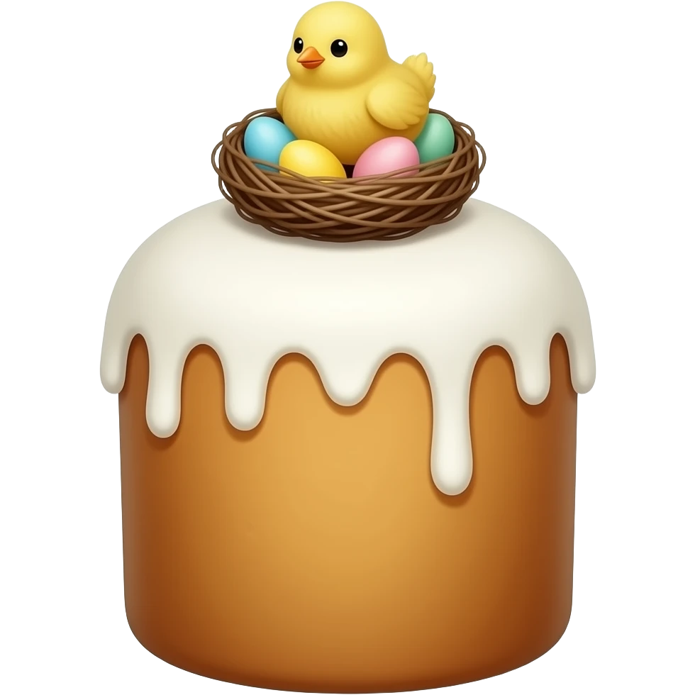 панеттоне золотистого цвета, высокий, с белой глазурью и украшением сверху в виде гнездышка с очень мелкими  яичками пастельных, желтым пушистым цыпленком emoji