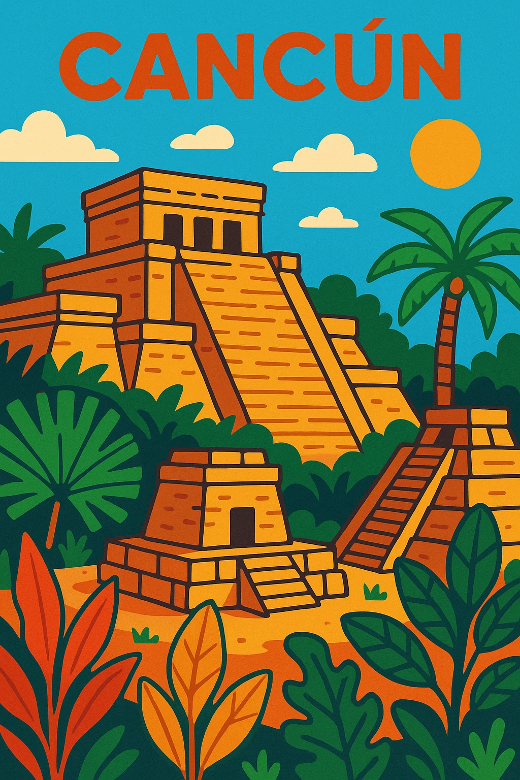 Cancun Mayan ruins with tropical plants, sunny and historical emoji