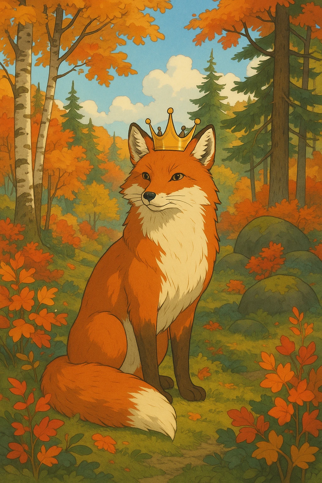 majestic red fox in a Scandinavian woodland, crown on head, vibrant foliage, serene setting, Ghibli animation style emoji