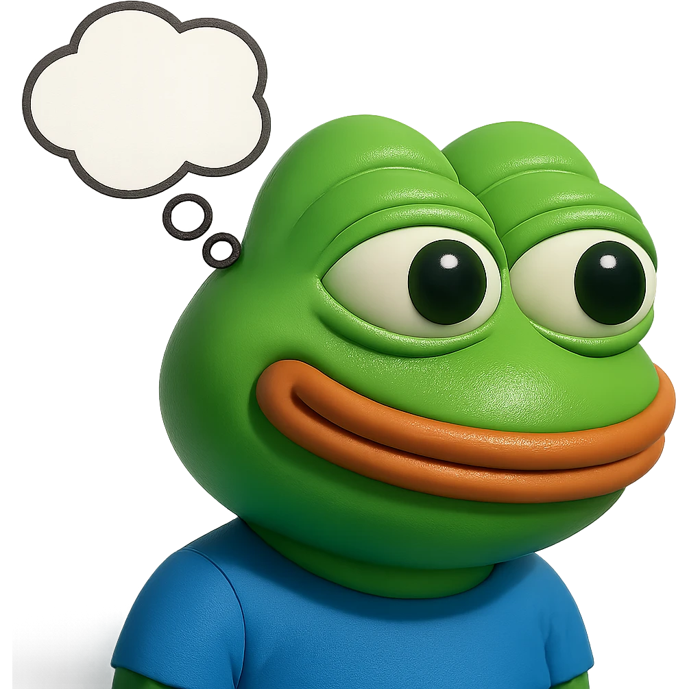 make a pepe in bright green smiling with thought bubble looking at right left in 3d style, good highlights and shadows, drop shadows emoji