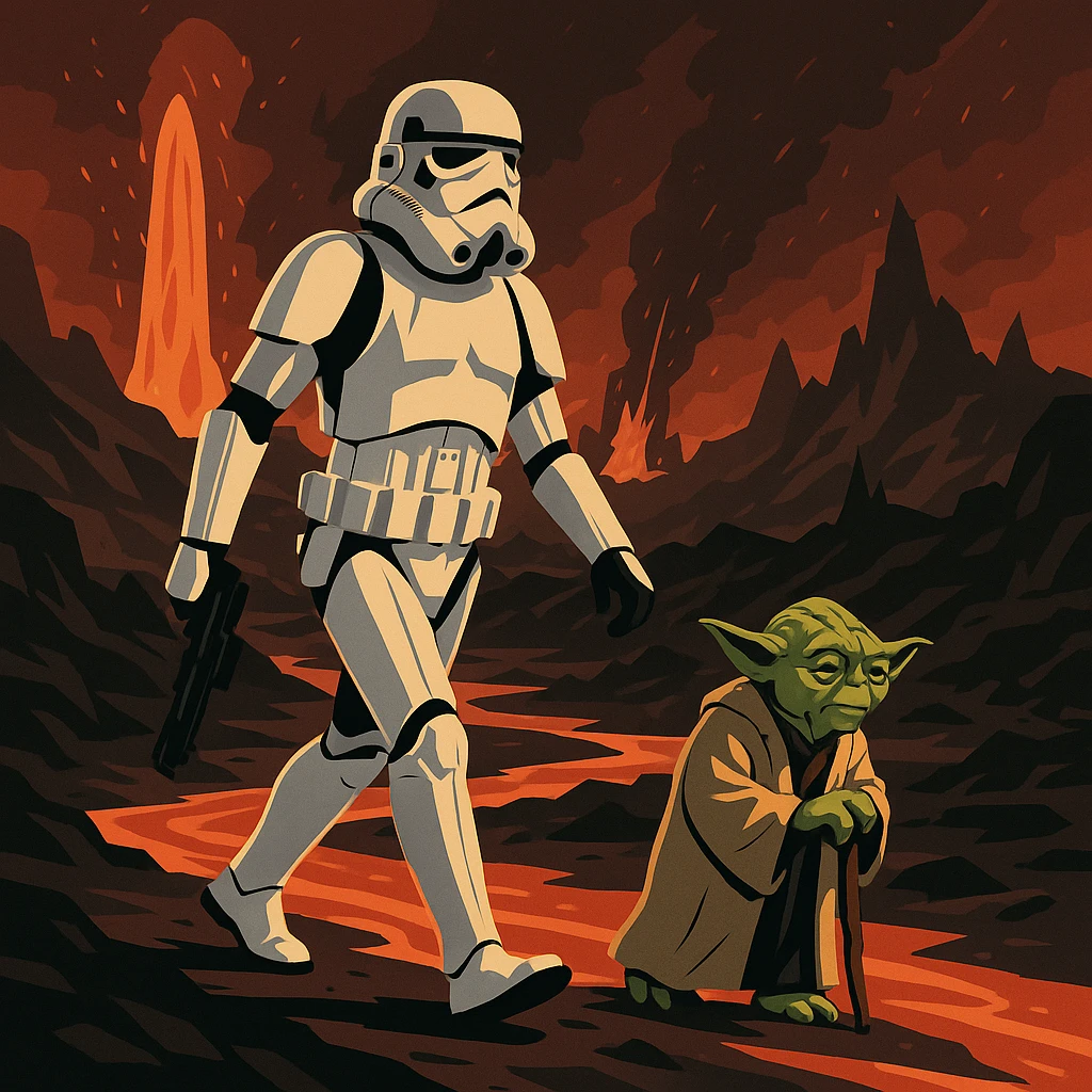 vector art of a Starwars stormtroopers is walking on lava planet with yoda, battleground background 
 emoji