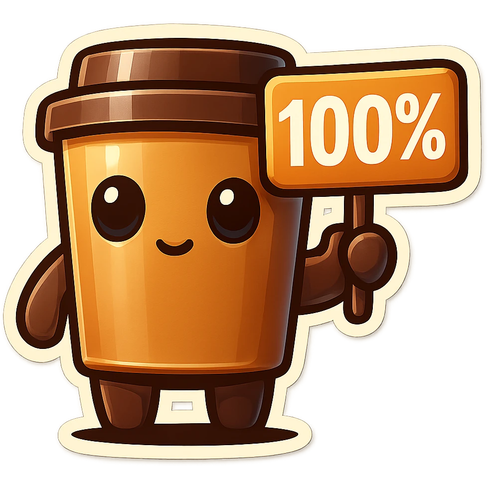Tall coffee cup, no mouth, holding sign "100%" emoji
