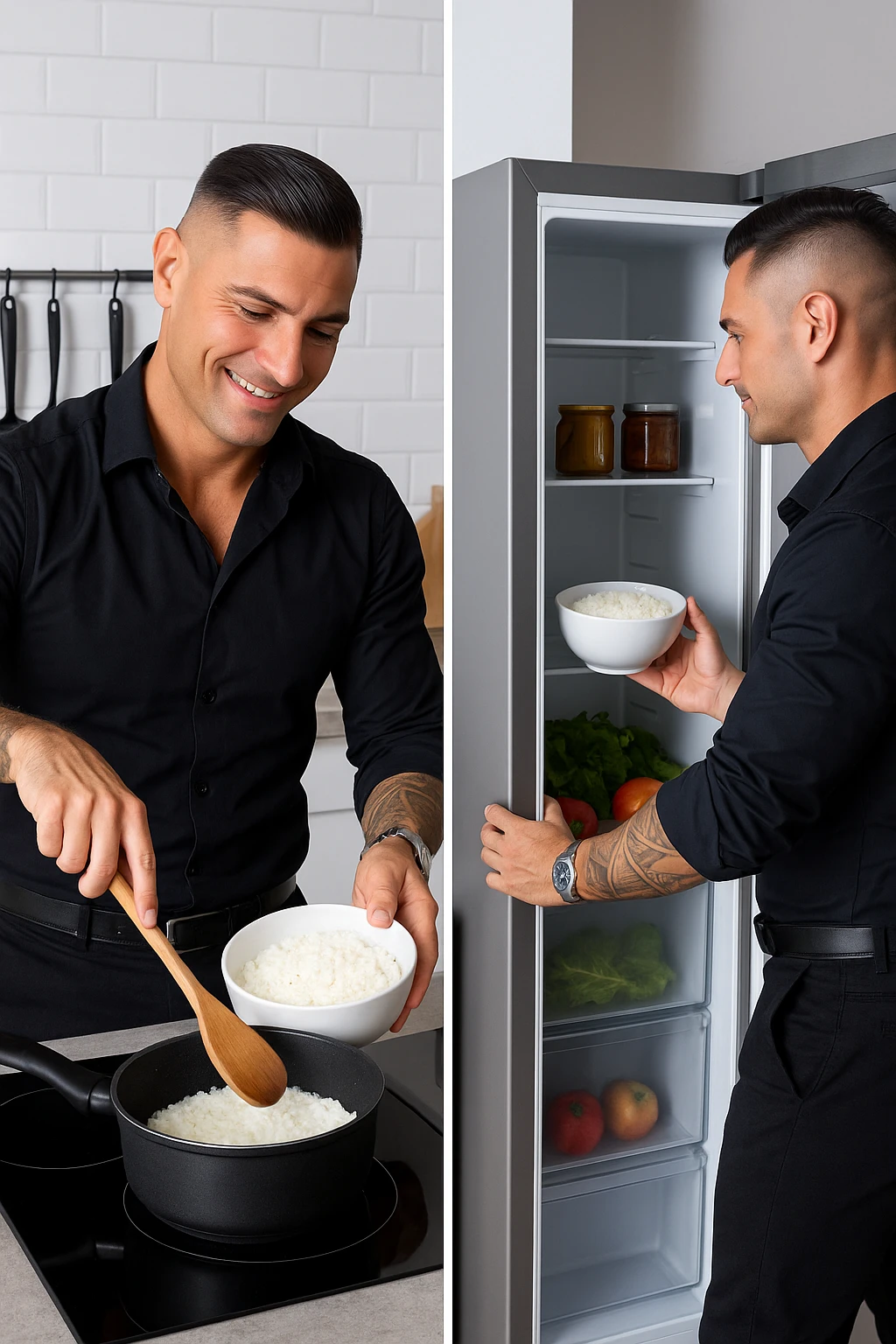 Uomo che cucina riso e mette la ciotola poi nel frigo emoji