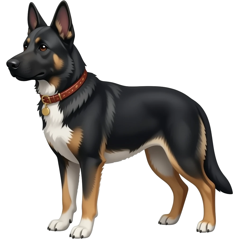 all black alsatian type dog with all black face white chest long legs and all claws white emoji