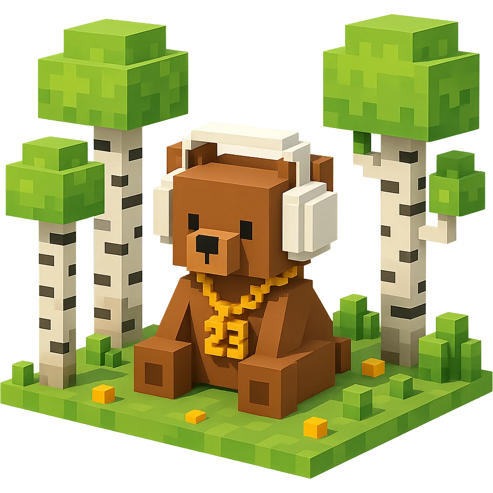 березовый лес, в котором сидит бурый медвежонок в белых наушниках (наушники должны закрывать уши медведя), на медведе цепь с подвеской "23", no background  emoji