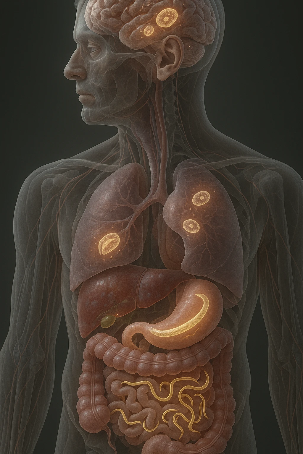 Vertical, hyper-realistic 3D cutaway illustration: the human body is shown in semi-transparent layers, exposing various types of parasites (tapeworms, roundworms, protozoa) inside the digestive tract and other organs. The parasites are rendered in vivid detail, with realistic lighting and shadows. Key areas of infection are highlighted emoji