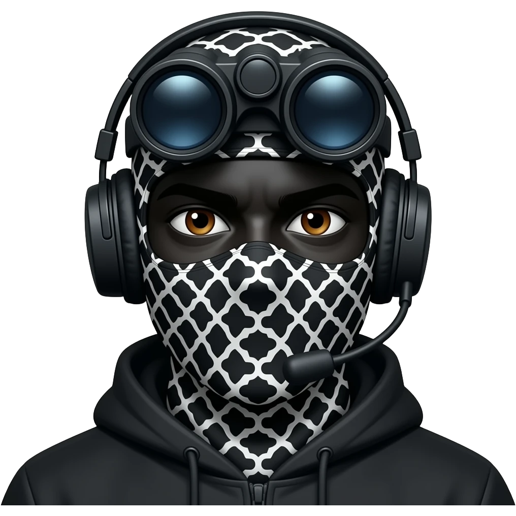 man with brown eyes wearing black clothes, face total painted black and a black and white patterned balaclava and wears a headset and a big black night vision device on his headtop emoji