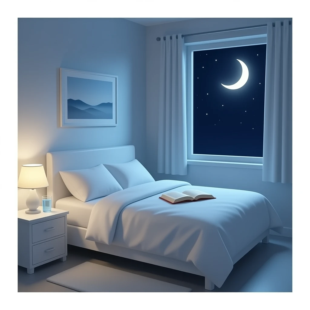 A dimly lit white bedroom. The bed is neatly made, and a glass of water sits beside a book on a cozy emoji