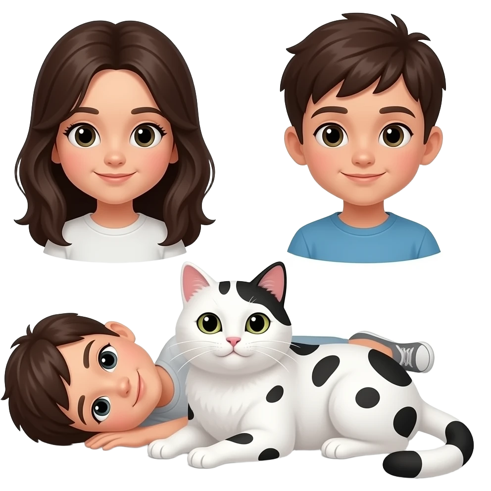 Uma Menina, morena com gato branco com pintinhas pretas, e um menino deitado emoji