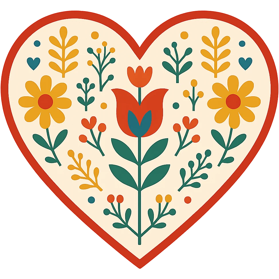 red heart with Scandinavian folk art, minimalist nature motif, bright folk colors, clean lines, simple floral elements, border around heart emoji