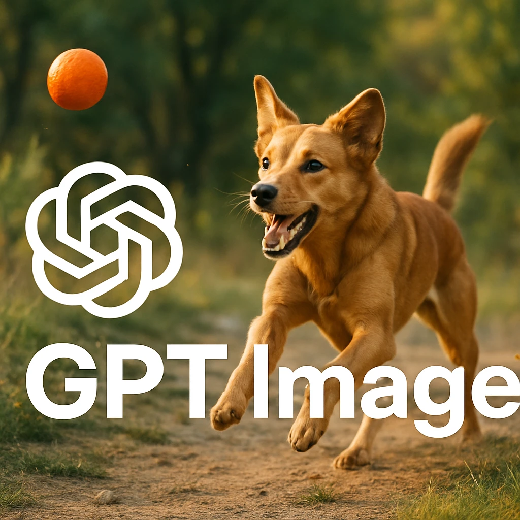  logo of chat gpt with text "GPT Image" on the background of a dog chasing ball, realistic image emoji