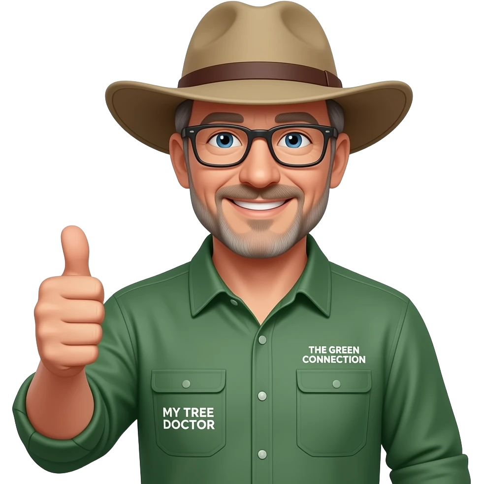 wide-smiling middle-aged man blue eyes. Dark rectangle glasses, green-collared, long-sleeve shirt, thumbs up.  Wide-brim Australian Akubru hat.  Insert 'THE GREEN CONNECTION' in white directly onto the right side pocket & 'MY TREE DOCTOR' onto the left side pocket emoji