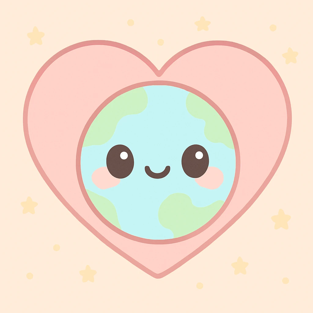 heart encircling a small Earth, soft pastel colors, kawaii style emoji