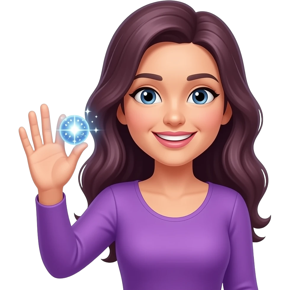 Женщина машет привет с волшембнвм шаром в руке, в фиолетовой одежде emoji