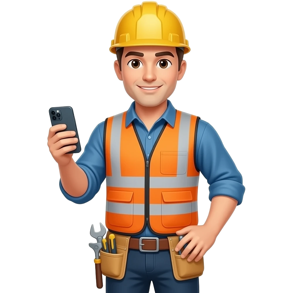 general contractor with no safety vest or helmet on a call holding their smartphone with a tool belt emoji