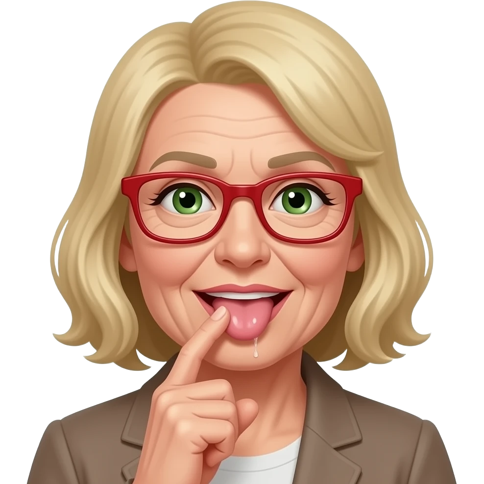 Ssanie palca przez starszą  kobietę i szczuplejszej  twarzy  językiem włosy blond zielone oczy i okulary w kolorze czerwonym, kapiąca ślina emoji
