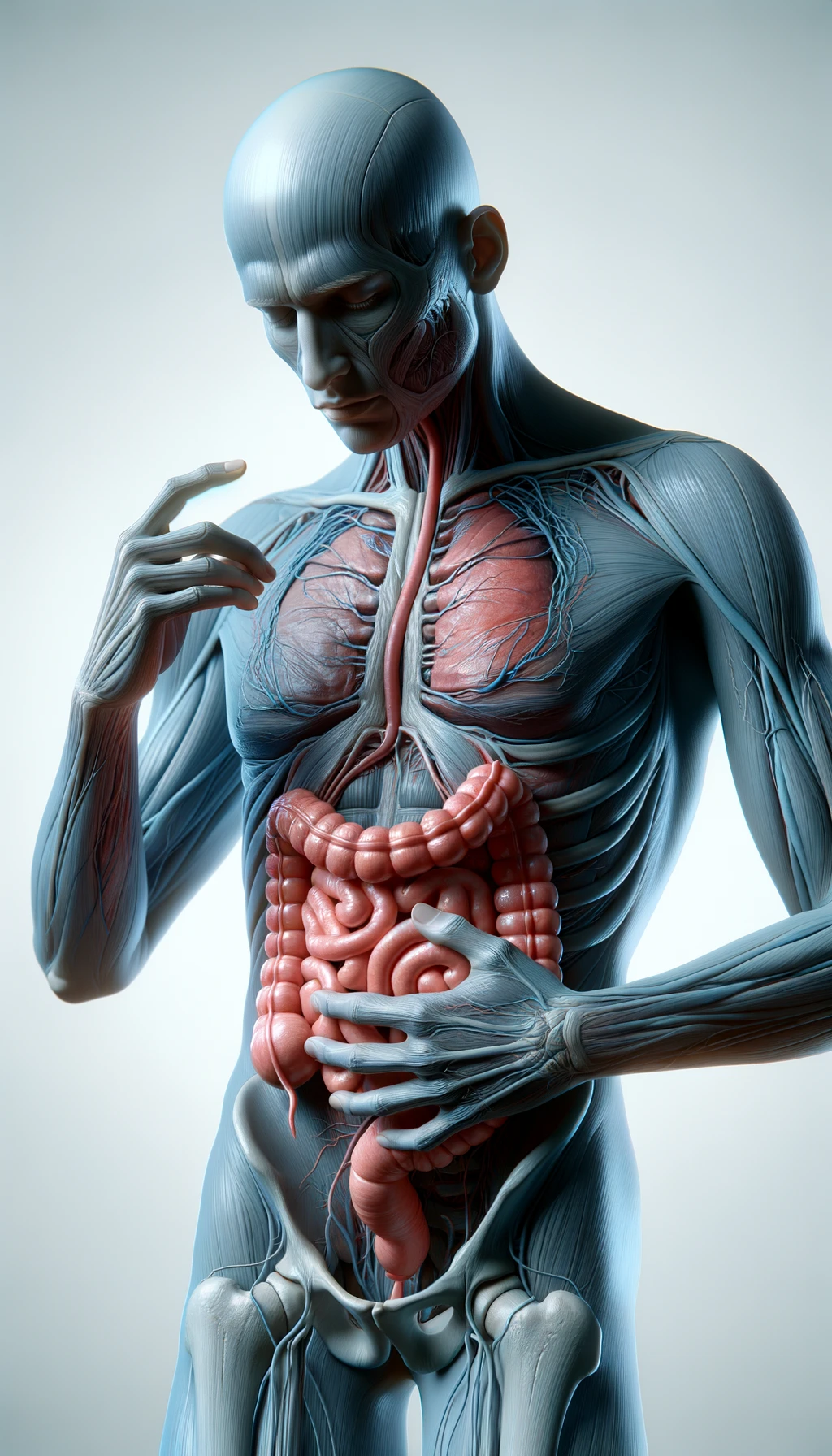 corpo umano anatomico che si tocca l'intestino con gli occhi chiusi, sfondo chiaro, iperrealistica 4k emoji