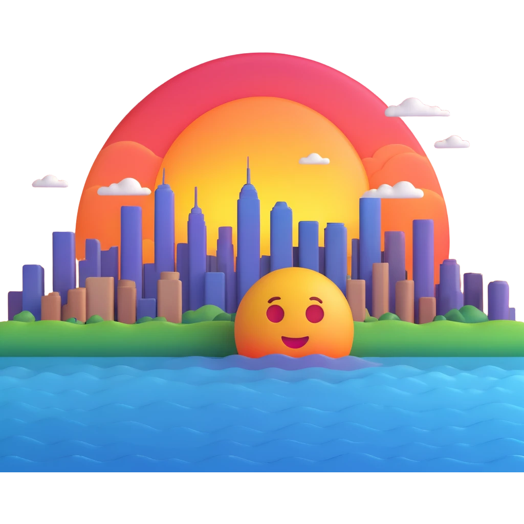 sunset emoji with a city skyline, soft gradients emoji