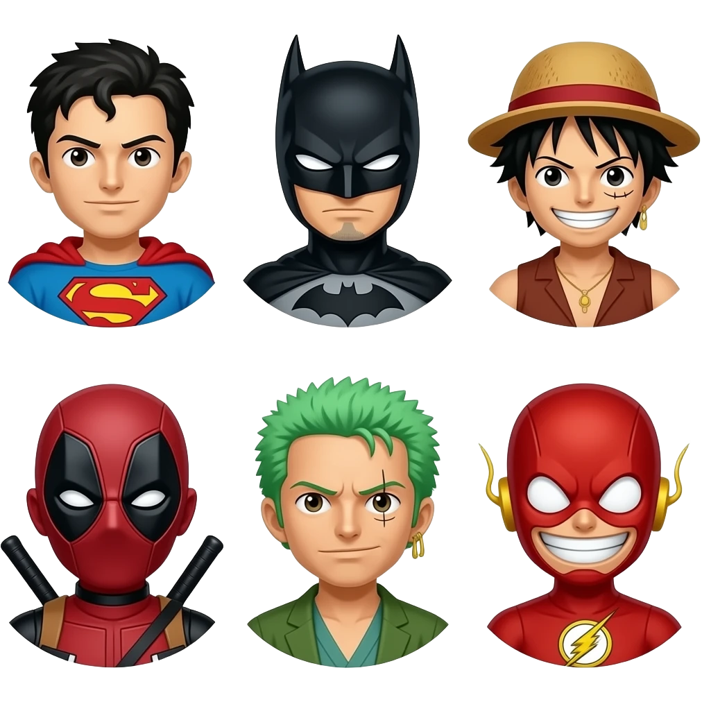 Superman and batman and luffy and deadpool and zoro and flash emoji