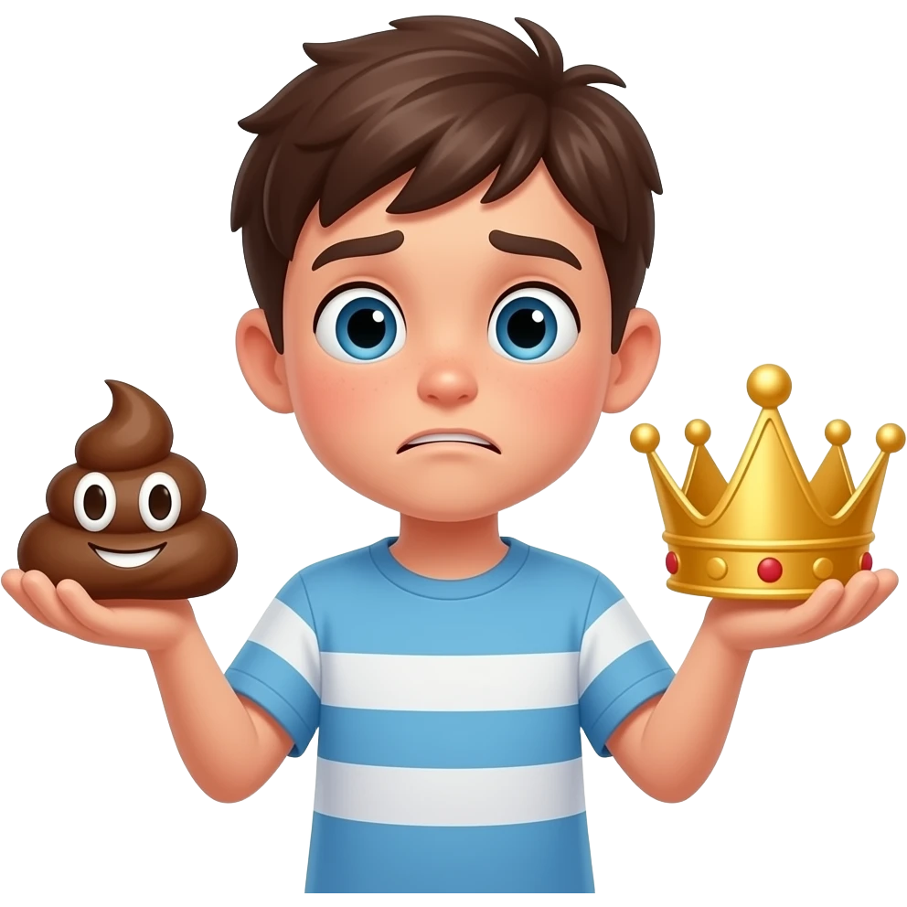 MAKE AN EMOJI AN BOY IN ONE HAND POOP IN ONE HAND CROWN . AND THINING WHICH ON ESHOULD HIM CHOOSE AND CONFUSING. MAKE HIM SAYIN WHICHONE HSOULD I CHOOSE  I THINK I SHOULD CHOOSE POTY OR CROWN. emoji