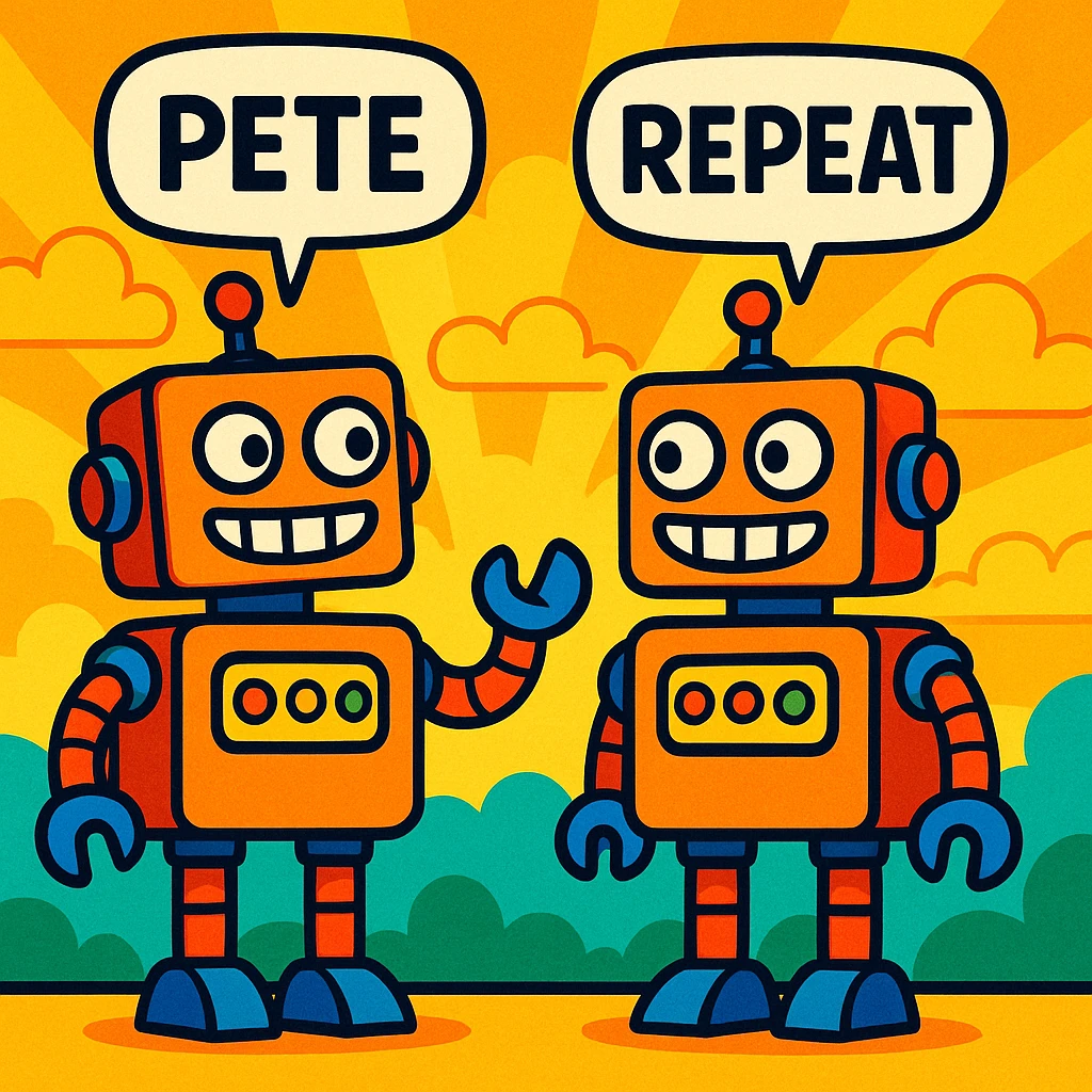 Pete and Repeat as two identical robots, one saying something and the other repeating, vibrant toon style emoji